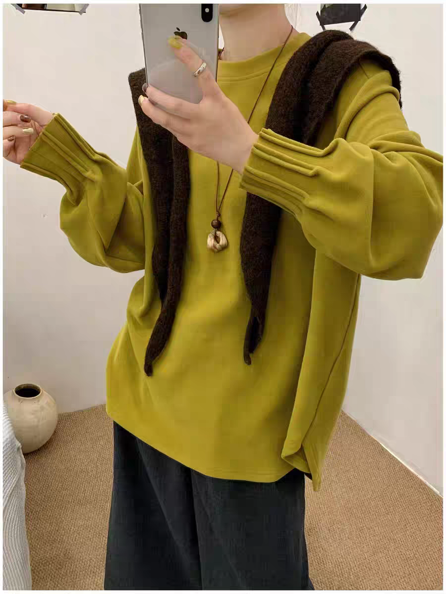 韩版设计感袖口压褶德绒保暖慵懒风女2025冬季宽松时尚外穿打底衫,女装/女士精品,T恤,淘宝优惠券,粉丝福利购,淘宝优惠卷