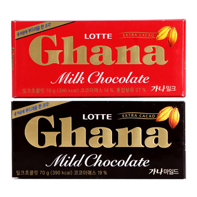 特价韩国进口零食 lotte乐天加纳巧克力板70g黑红ghana喜糖礼物