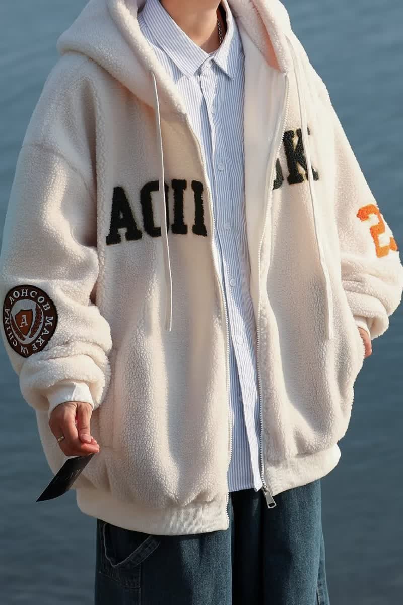 男装美式复古字母棉衣棉服2025冬季宽松连帽羊羔毛加厚外套,男装棉衣,星座204-2