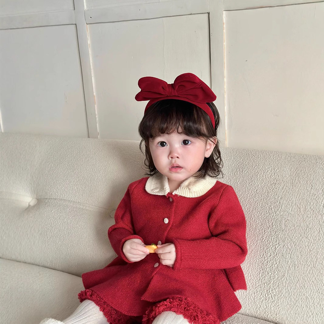 秋冬 女婴童圣诞撞色翻领毛衣套装新年服A摆上衣＋毛毛短裤2件套