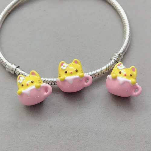 卡通杯中猫滴釉可爱S925纯银串珠