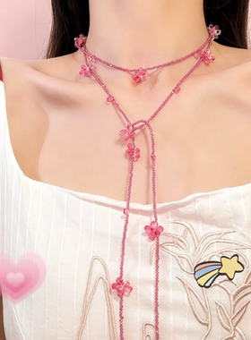 原创设计手工春日玫红繁花｜手工串珠多层项链 甜妹氛围感颈饰女