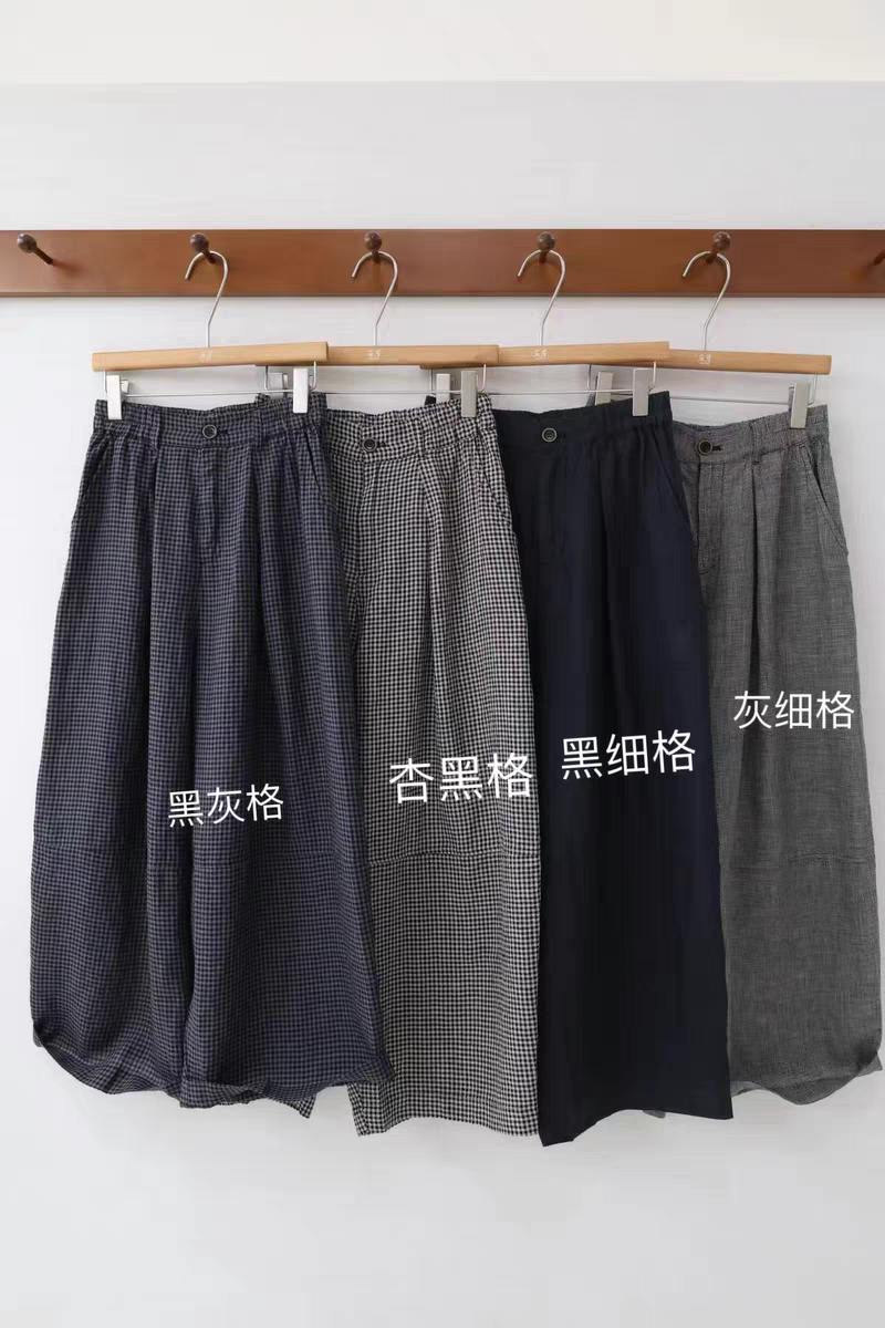静秀阁森系女装.YA千鸟格色织亚麻裤773815