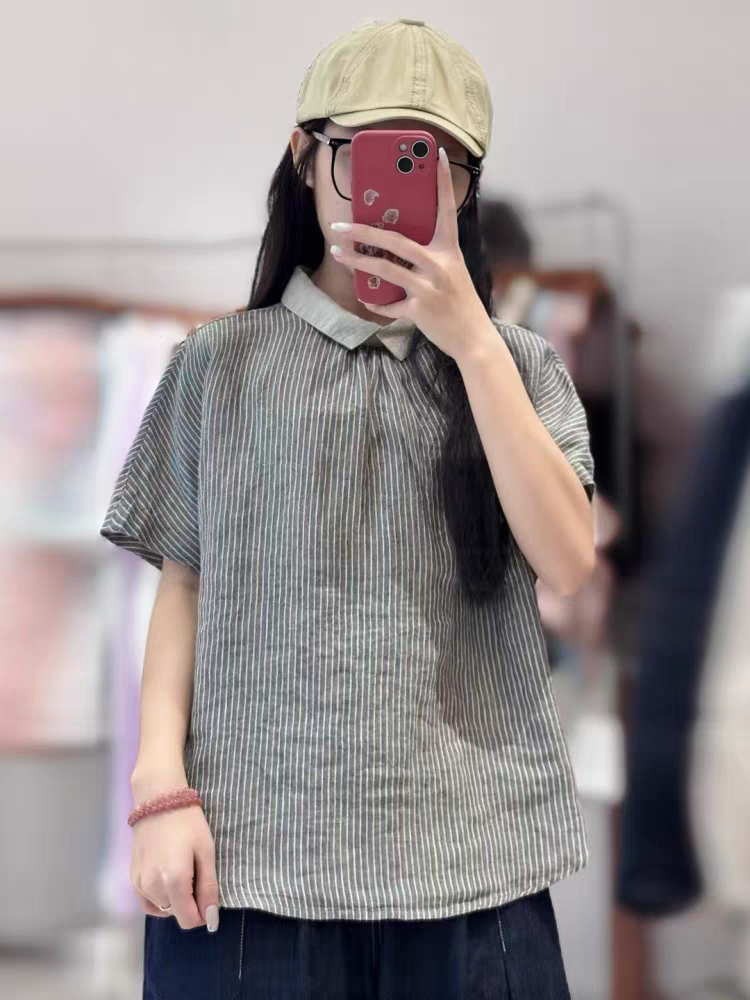 静秀阁.YA亚麻竖条纹上衣66630