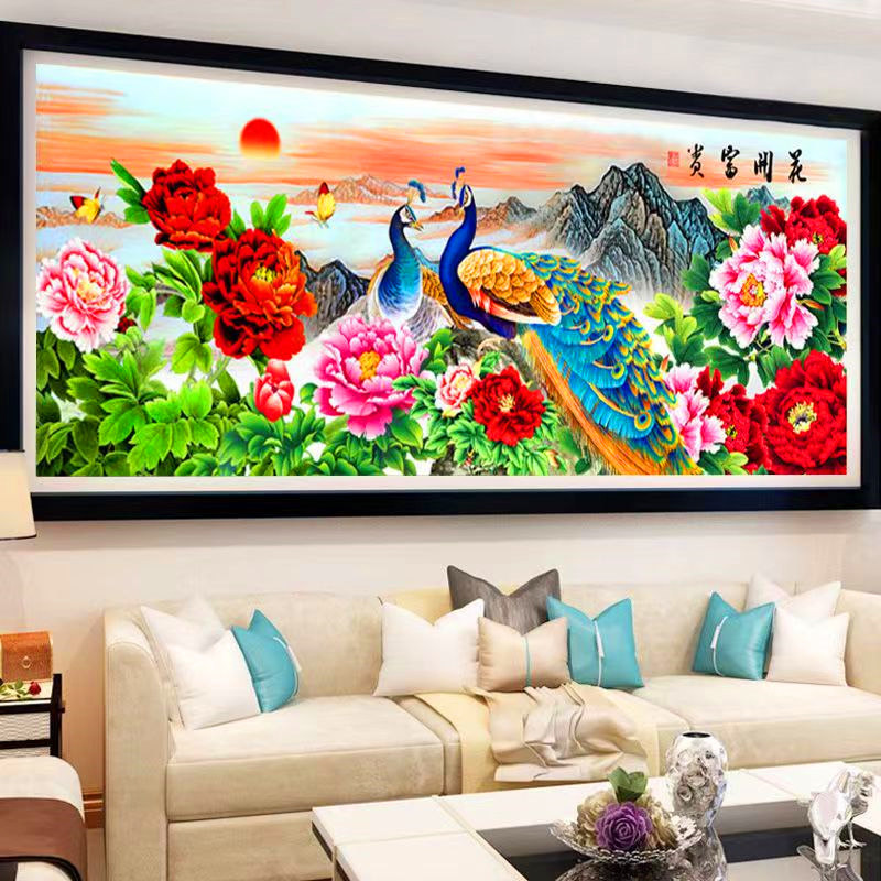 全珠子绣满绣十字绣客厅新款彩珠绣花开富贵穿珠孔雀丝线牡丹串珠