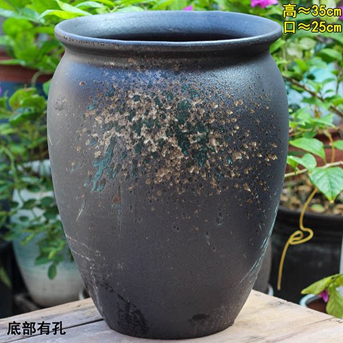 大号手工粗陶吸水透气花盆白绿泼墨高筒花盆适合九尾狐法师等绿植