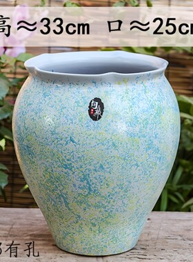 新款浅色黄蓝色高款花边口透气粗陶落地花盆适合室内外绿植盆栽