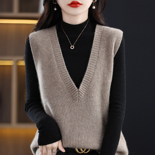 大码马甲女春秋外传V领无袖毛衣针织背心坎肩宽松慵懒风叠穿上衣