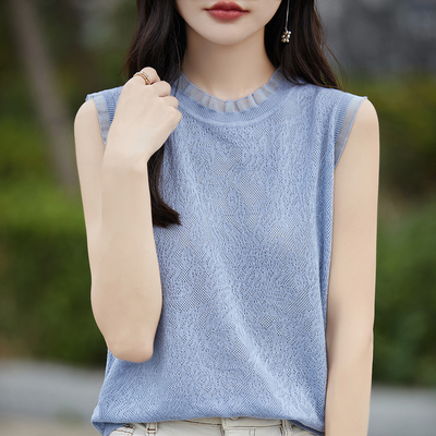 蕾丝花边领羊毛打底衫早春洋气宽松百搭无袖内搭背心针织衫上衣女