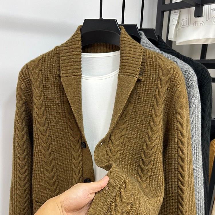 开衫男针织毛衣外套秋季男装潮流纯色麻花青果领口袋休闲青年厚款