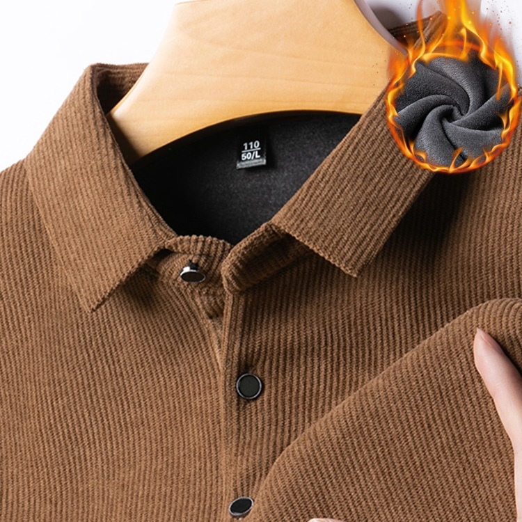 冬季男士长袖t恤加绒加厚翻领打底衫商务休闲条绒保暖Polo衫上衣