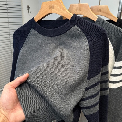 潮流拼色套头毛衣男款秋冬季时尚休闲tb针织打底衫男圆领内搭开叉