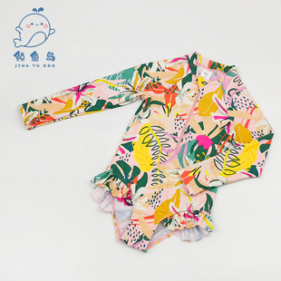 鲸鱼岛新款 拉链荷叶边泳衣游泳温泉 女童连体防晒长袖