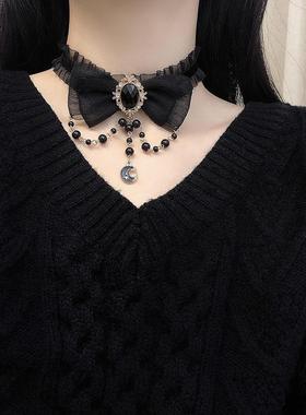 蝴蝶结蕾丝锁骨链珍珠吊坠颈链网红同款时尚百搭写真choker项链