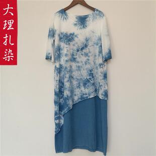 扎染禅茶服裙子宽松民族风女装云南大理白族手工蓝染草木染连衣裙