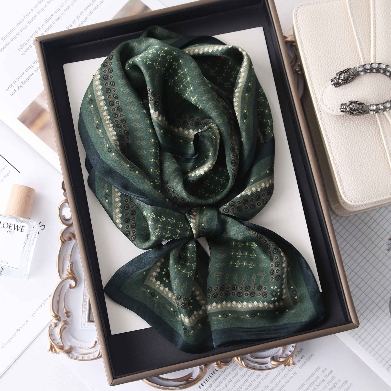 杭州丝绸桑蚕丝飘带墨绿香风百搭双层真丝长巾长条领巾真丝丝巾女