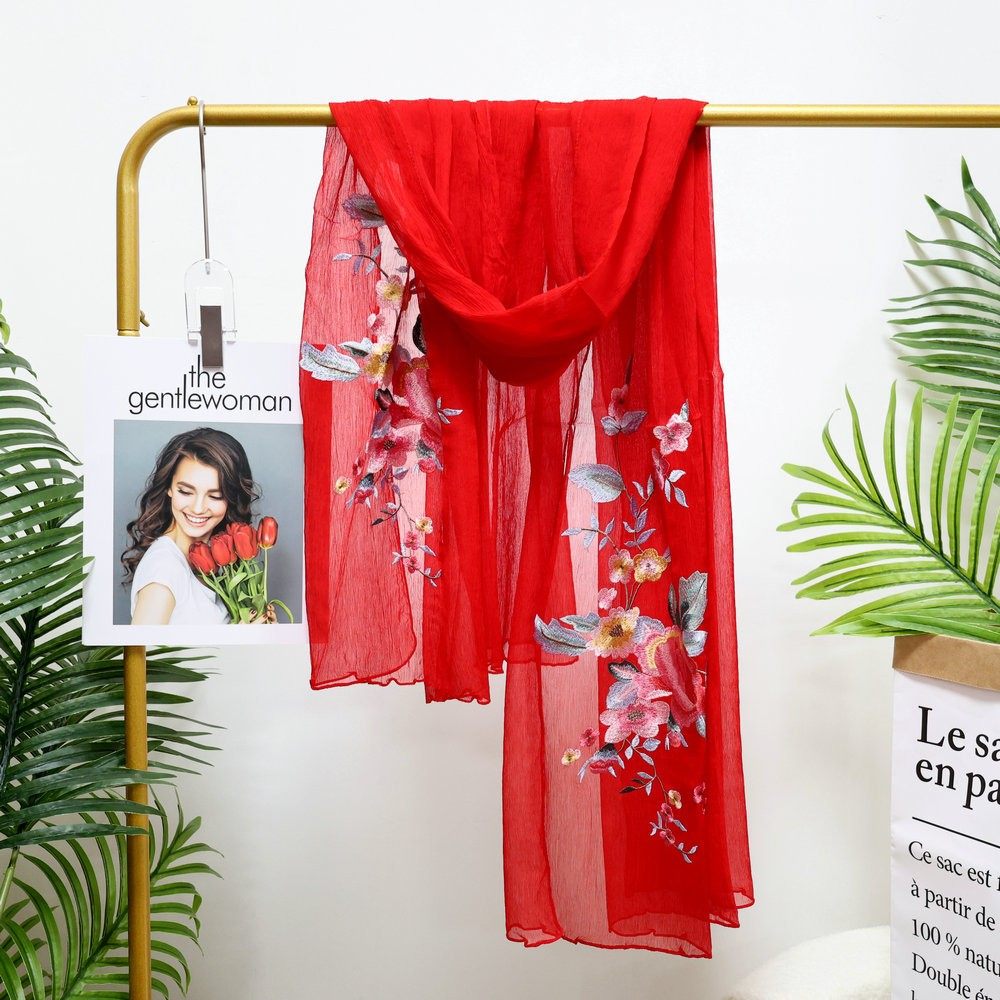 刺绣花真丝丝巾顺纡绉纱巾褶皱长款红色春秋冬旗袍披肩桑蚕丝围巾