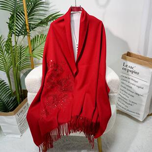 羊毛百搭围巾女蕾丝刺绣配旗袍的披肩结婚红色新娘礼服秋冬季外搭