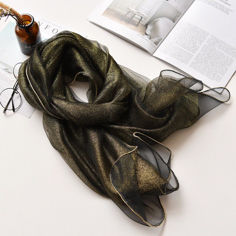 春秋冬季双层桑蚕丝丝巾欧根纱真丝围巾搭婚纱旗袍钻边女长款披肩