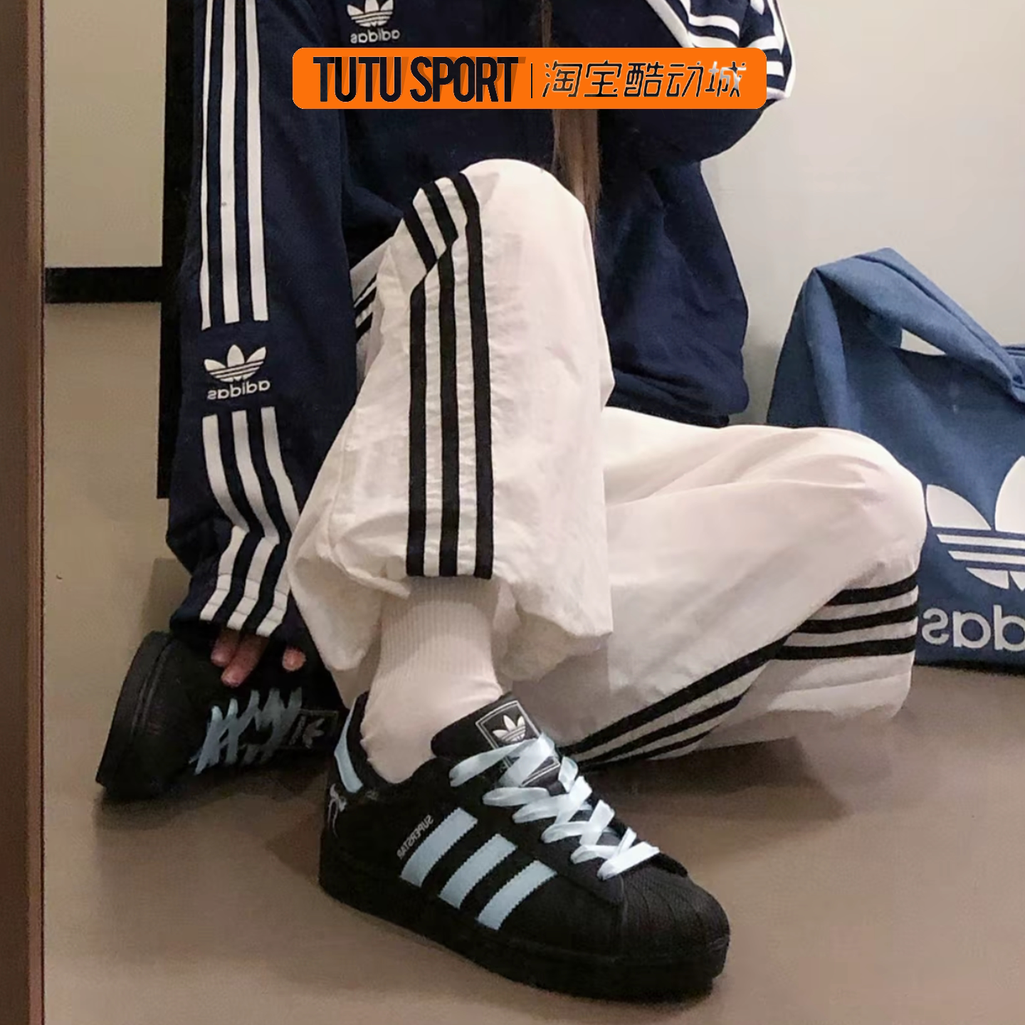 定制球鞋adidas originals Superstar蓝色蝴蝶结耐磨黑蓝女子板鞋