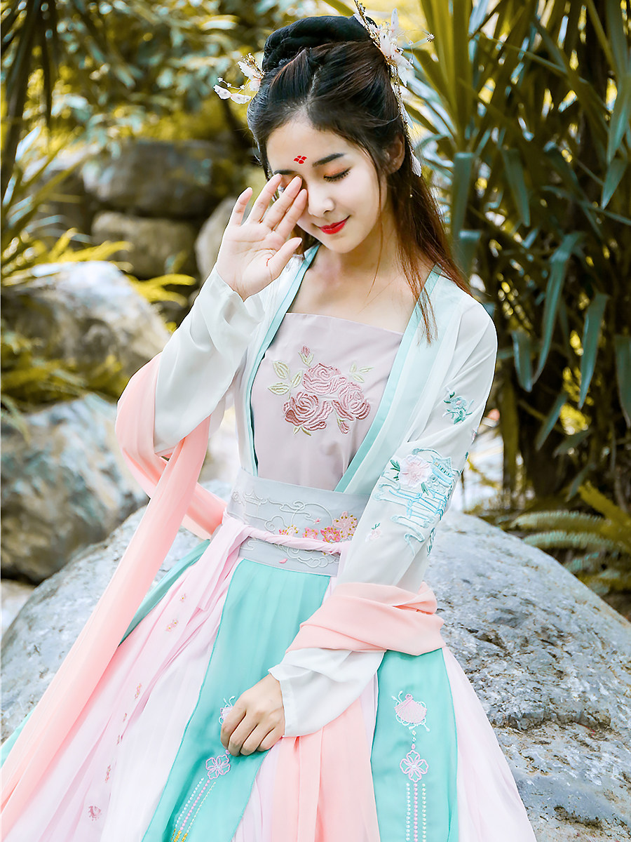 原创汉服粉翼女唐制粉色仙气飘逸汉服半身裙