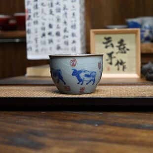 景德镇陶瓷老陶泥开片青花瓷五牛图主人杯缸杯个人杯茗杯功夫茶碗
