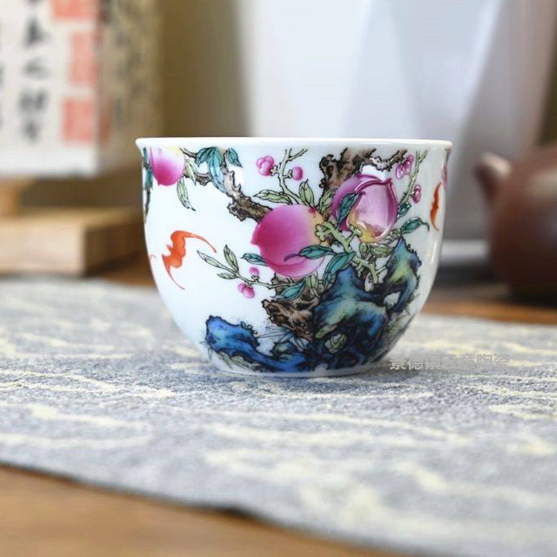 景德镇陶瓷高白泥五福寿桃茶杯粉彩主人杯单杯中式高档男士茶盏