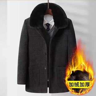 冬季爸爸加绒加厚毛呢大衣外套  中老年男休闲父亲男装雪尼尔上衣