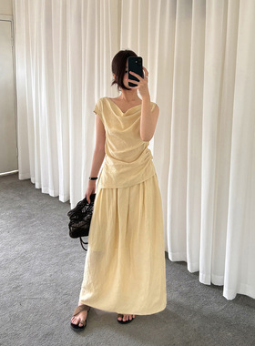 TG 极简主义 一字荡领露肩纯色假两件拼接连衣裙2026夏新款26703