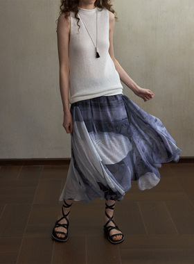 不规则下摆印花半身裙垂坠感飘逸大摆显瘦中长半裙M60390