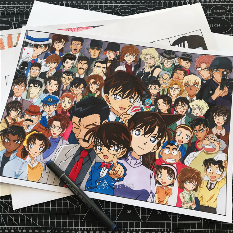 马克笔涂色线稿柯南全家福