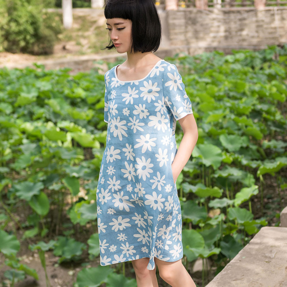 裴蒂菲棉麻女装夏季新款433F文艺复古印花亚麻宽松连衣裙A字裙子