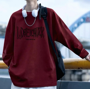 潮牌圆领内搭体恤上衣服 t恤男高街字母印花春秋新款 美式 纯棉长袖