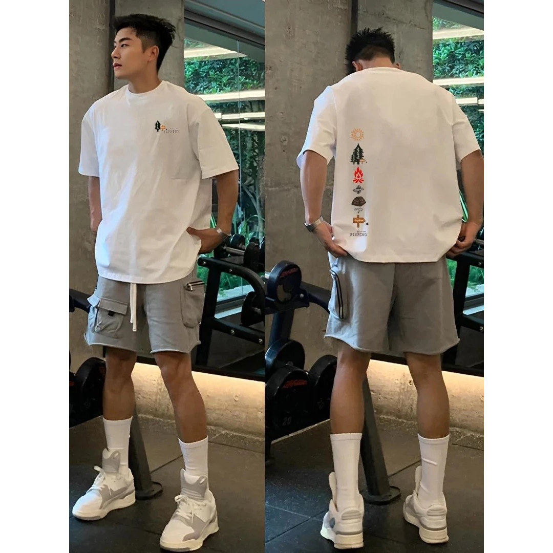 露营风纯棉短袖T恤男士家庭装一家三口四口亲子装情侣潮牌体恤女