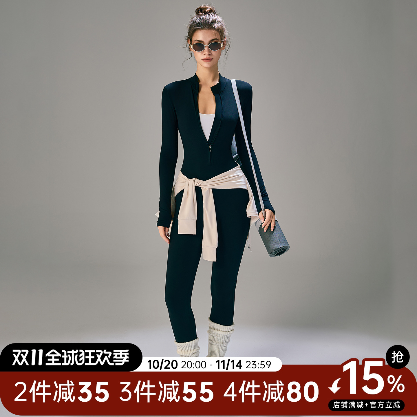 Choc女孩裸感半拉链长袖修身显瘦连体衣瑜伽服紧身一体式健身衣秋