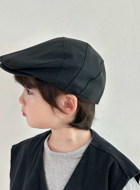 亲子PU皮前进帽男童日系复古咖啡色报童帽儿童简约鸭舌帽侦探帽春