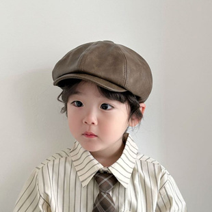 春秋新款儿童帽亲子PU皮八角帽男童洋气画家帽女童休闲前进帽日系