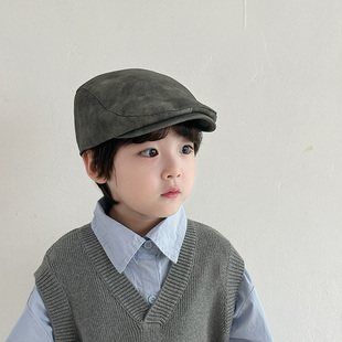 春秋新款儿童帽子洋气英伦风前进帽男童皮革贝雷帽简约日式鸭舌帽