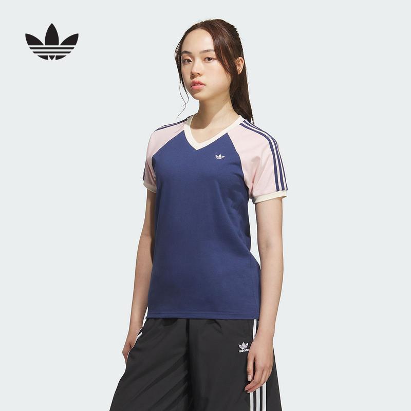 adidas阿迪达斯三叶草夏季女款经典休闲运动V领撞色短袖T恤KF0315
