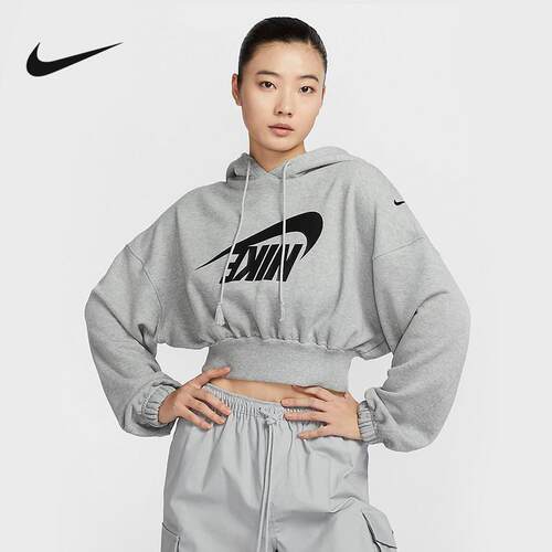 Nike耐克女子卫衣2024冬季新款短款休闲连帽保暖套头衫FV7778-063