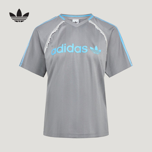 adidas阿迪达斯三叶草T恤女装蕾丝点缀撞色条纹短袖LF2323 LF2324