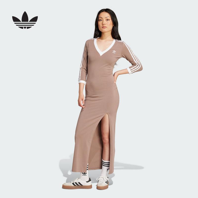 adidas阿迪达斯女裙2025夏季休闲长款侧开叉时尚V领连衣裙 JX5193