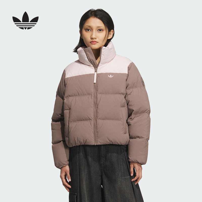 阿迪达斯三叶草外套女2025冬高立领休闲短款羽绒服KC2659 KC2660