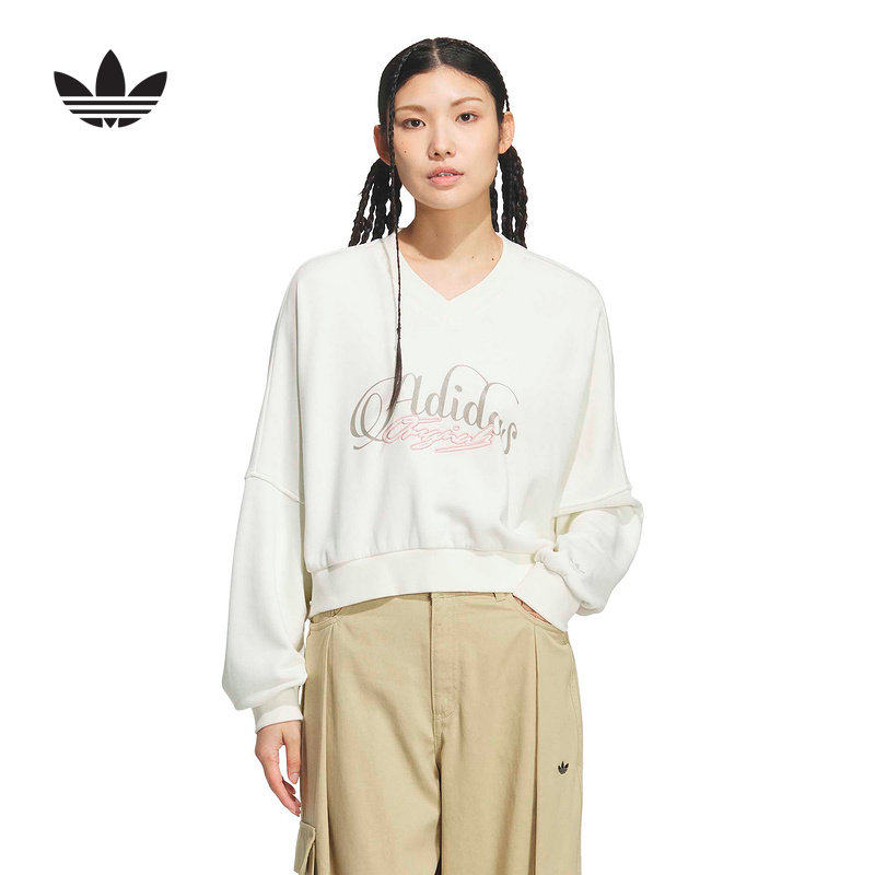 阿迪达斯三叶草卫衣女2026春字母印花宽松V领套头衫KR2623 KR2624