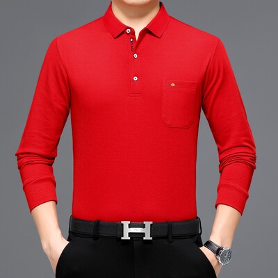 高端春秋新款男装休闲纯色长袖翻领T恤中年男士时尚有口袋体恤衫