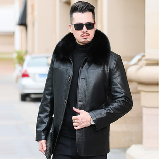 冬装中年男式毛领可拆卸纯皮羽绒内胆皮中长大衣翻领加厚绵羊皮