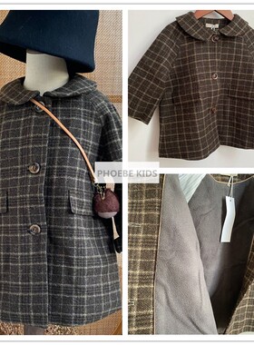 cbc22冬女童复古编织100%羊毛呢格子大衣宝宝摇粒绒保暖加绒外套