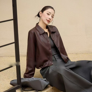 宽松翻领PU皮衣女长袖 韩版 百搭显瘦皮夹克外套上衣潮 春装 2025新款