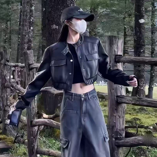 复古港风长袖夹克机车立领pu皮高腰皮衣外套女小个子短款机车服潮