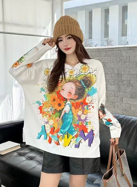 韩版卡通印花烫钻圆领长袖套头毛衣女甜美可爱宽松秋冬针织衫外穿